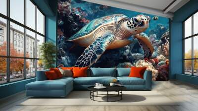 Endangered Sea Turtle and Vibrant Coral in Tropical Marine Environment Wall mural