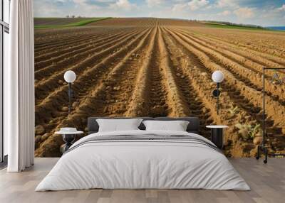 Farm Rows. Agricultural Field with Even Rows of Plowed Ground in Spring Wall mural