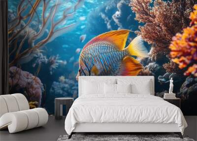 Fin Rot. Underwater Marine Life: Fish, Corals, and Divers in a Colorful Tropical Aquarium Wall mural