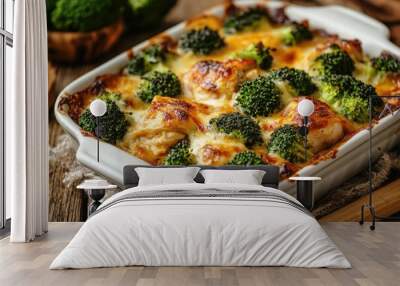 Garlic Chicken And Broccoli. Baked Chicken and Broccoli Casserole on a Wooden Table Wall mural