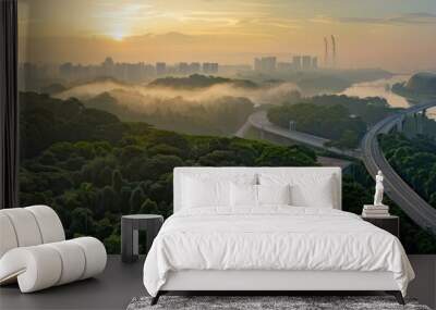 Henderson Waves Bridge Overlooking Singapore's Landscape at Sunrise. Aerial View of Suspension Wall mural