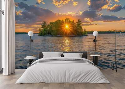 Island at the Heart of Sebago Lake, Maine: A Serene Sunset with the Sky, Sea, and Scattered Clouds Wall mural