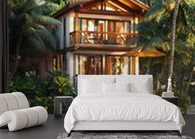 Luxury Tropical Villa by the Lake with Boat. Coastal Style Home in Summer Paradise Wall mural