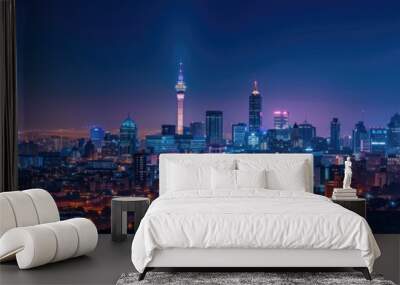 Night Cityscape. Skyline of Urban City with Night View of Buildings Wall mural