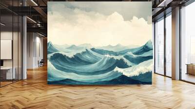 Ocean Waves Graphic Art. Nature Illustration of Stormy Seas with Retro Texture and Powerful Energy Wall mural