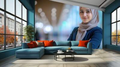 South Asian Muslim Woman Standing. Successful Asian Professional Businesswoman with Arms Crossed in Corporate Setting Wall mural