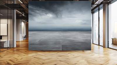 Stormy Gray Sky and Concrete Floor. Dark Background with Dramatic Empty Horizon and Scenery of Grey Wall mural