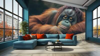 Tranquil Orangutan Scene: A Cute Monkey Heads in Nature Zoo Wall mural