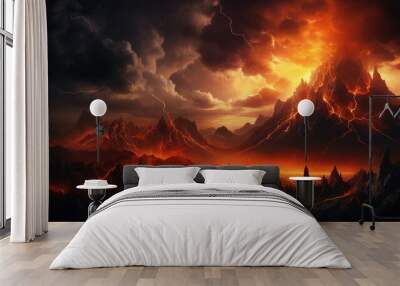 Volcanic Eruption. Black Dramatic Background of a Burning Volcanic Landscape at the End Wall mural