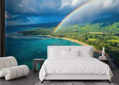 Waimea Hawaii Aerial View: Full Rainbow over North Shore Beach and Ocean Landscape Wall mural