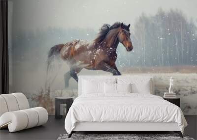 Winter Horse. Majestic Brown Horse Galloping Through Winterly Landscape Wall mural