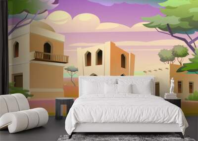 Arab clay hut. Morning or evening dawn. Middle Eastern adobe dwelling. Africa and Asia traditional house. Vector. Wall mural