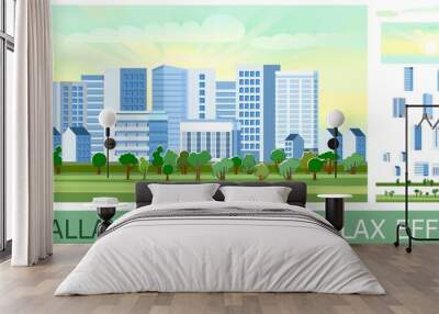 Beautiful cozy town with high-rise buildings and small houses. Country park trees. Cute cartoon style. Solid layers for image folding with parallax effect. Vector Wall mural