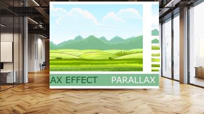 Countryside landscape with vegetable gardens and pastures. Against background of distant mountains near horizon. Solid layers for folding the picture with a parallax effect. Vector Wall mural