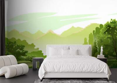 Forest, mountains in the distance. Vector. Green beautiful landscape. Mature trees, oysters and grass. On the horizon foggy mountains. Mysterious bright distance, yellow hills. Background. Wall mural