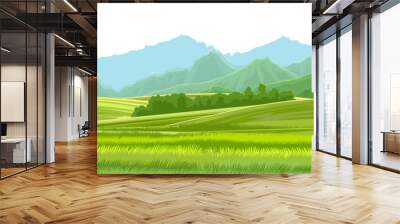 Meadows, hills and mountains. Vector background. Alpine green pastures, grass. Horizontal landscape. Summer, spring day. Scenery. Wall mural