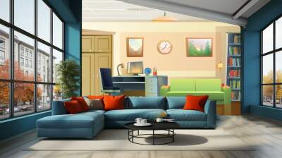 Office for work and study. Work desk with armchair and PC computer. Sofa book shelves. Cozy room. Cartoon funny style illustration. Vector Wall mural