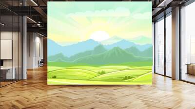 Rural hills. Scenery. Vector. Pasture grass for cows and a place for a vegetable garden and farm. Meadows and trees. Horizon. Beautiful view. Summer. Wall mural