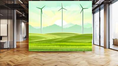 Wind turbines with blades. Electricity generator. Background picture. Innovation. A source of sustainable renewable energy. Landscape with mountains, rural meadows, hills and fields. Vector Wall mural