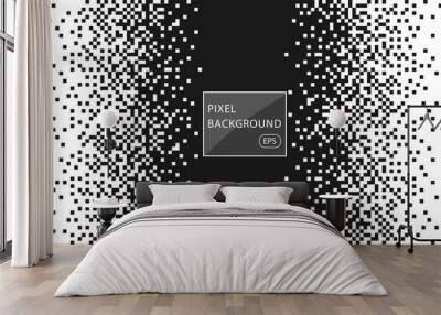 Pixel mosaic. The effect of falling, dissolving, monochrome fine particles, squares. Indent for text, banner, poster. Vector element isolated background. Wall mural