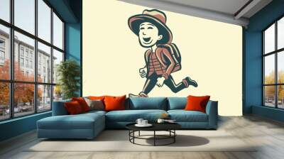 illustration of a running traveler man with a hat in vintage style vector Wall mural