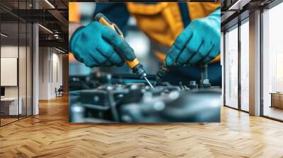 Hands of mechanic using screwdriver to fix engine parts in workshop Wall mural