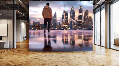 Man walking towards futuristic city skyline Wall mural