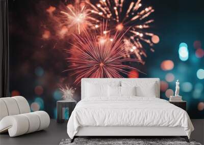 Red and Blue Fireworks Display Against a Night Sky Wall mural