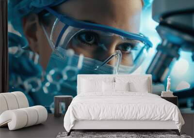 Female Scientist Conducting Research with Microscope.. Wall mural