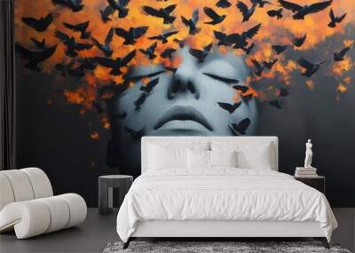 Surreal Concept of Birds and Flames Emerging from a Woman's Head.. Wall mural