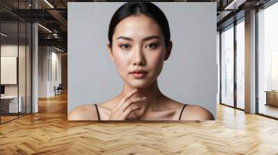 A young Asian female model with smooth and healthy skin. His hand gently stroked her chin, highlighting the smooth contours of her face Wall mural