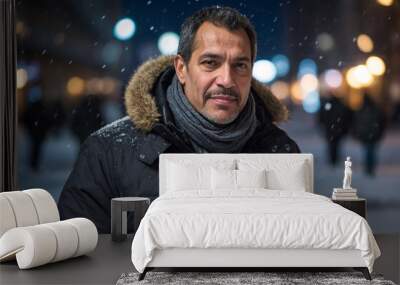 Portrait of middle-aged Venezuelan man in winter coat, snow-covered night city background Wall mural