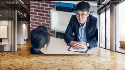  interviewer interview candidate apply for job at meeting room in office. Wall mural