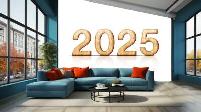 2025  happy new year wood number (3d rendering) on white background,leave space for display of product for promotion on Christmas and new year holiday Wall mural