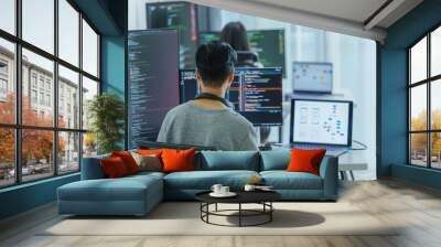 Asian software developers working on multiple screens displaying code and application diagrams in a modern office Wall mural