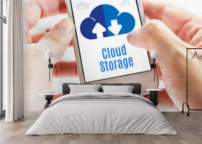 Close up Two hand holding smart phone with Cloud Storage word an Wall mural