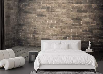 Empty brick wall and wood plank floor  interior in perspective v Wall mural