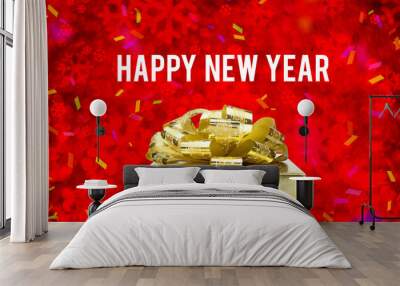 Happy new year word with Golden gift box with ribbon and colorfu Wall mural