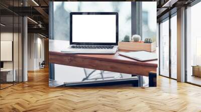 Laptop computer and tablet on wood countertop table at coffee shop window with bar stool chair,Mock up digital device blank screen for display or montage of design,clipping path on screen. Wall mural