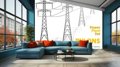 Vector high voltage pylons on white background. Isolated colonnade of metal poles voltage. Surface industrial illustration. Power line pylons with typography. Nuclear facilities and power arteries. Wall mural