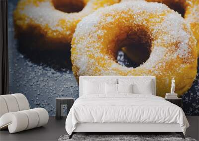 Bakery sweet donuts sprinkled with sugar powder on white plate on black table background Wall mural