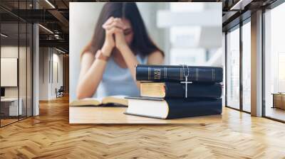 Cross on holy bible on table with background Women praying hand faith jesus promise Pray for god blessing Wall mural