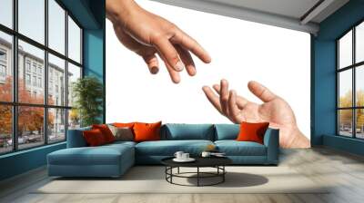 Two human hands are making a gesture of reaching out to touch each other's hands. or holding hands to ask for help or grab something Isolated on a white background. Wall mural