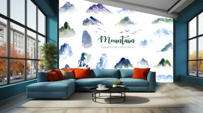 Water color mountain, hill and bird collection arrange isolated on white background.  Wall mural