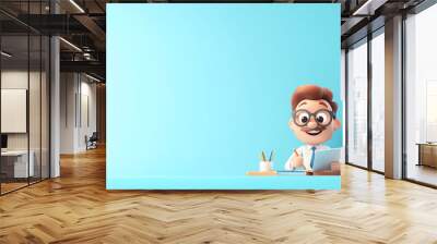 A cheerful cartoon character in a blue office, smiling while writing in a notebook, representing creativity and productivity. Wall mural