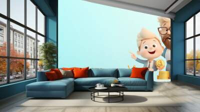 A cheerful child and a wise adult celebrate financial success with stacks of coins, promoting a message of saving and investing. Wall mural