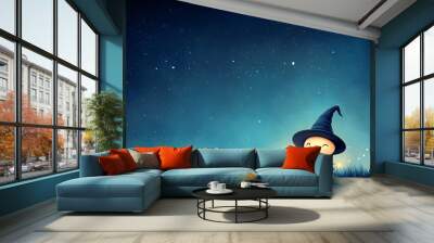 A cheerful witch holding a broom under a starry night sky, surrounded by glowing lights, perfect for Halloween or magical themes. Wall mural