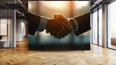 A close-up view of two hands shaking in a professional setting, symbolizing agreement, partnership, and collaboration. Wall mural