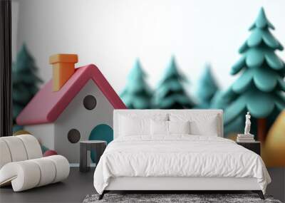 A colorful, whimsical house nestled among vibrant trees and cheerful bushes, creating a playful nature scene. Wall mural