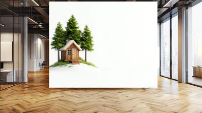 A cozy wooden house surrounded by vibrant green trees, capturing the essence of nature and tranquility. Wall mural